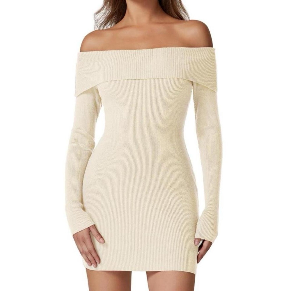 QINSEN Women's Off The Shoulder Ribbed Knit Sweater Dress